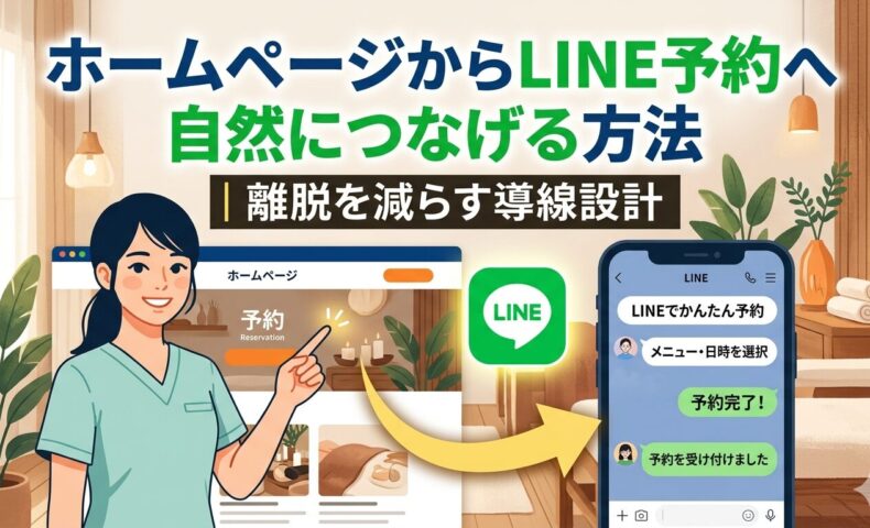 福岡のサロンスタッフがホームページの予約ボタンを指し示し、LINEアプリへ自然につながる導線設計を図解したイメージ画像