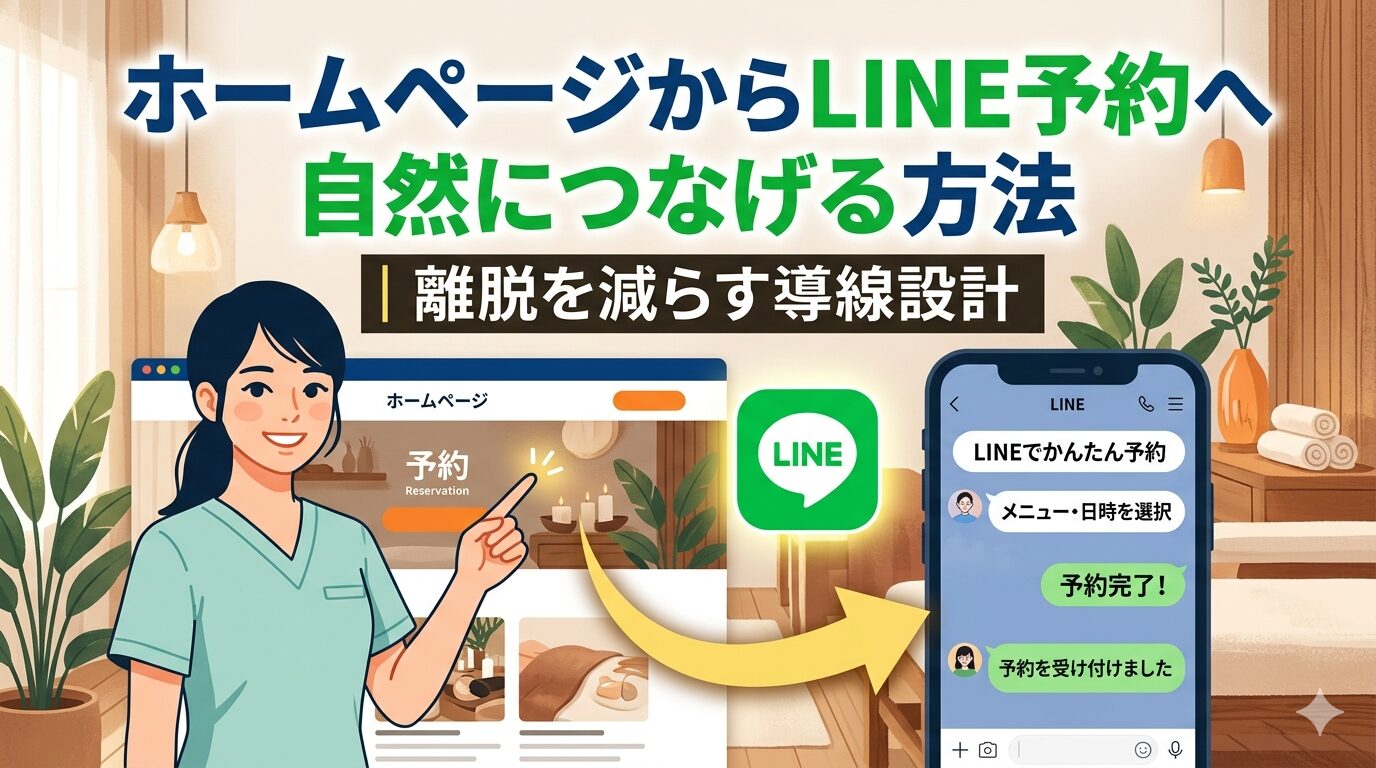 福岡のサロンスタッフがホームページの予約ボタンを指し示し、LINEアプリへ自然につながる導線設計を図解したイメージ画像