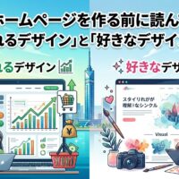 福岡でホームページを作る前に知るべき「売れるデザイン」と「好きなデザイン」の違いを左右対比で図解。左側に予約・問い合わせ導線と売上グラフを備えた集客重視のサイト、右側にスタイリッシュだが成果につながりにくいビジュアル重視のサイトを配置したアイキャッチ画像