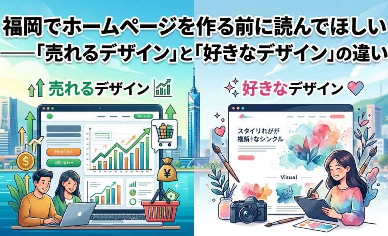 福岡でホームページを作る前に知るべき「売れるデザイン」と「好きなデザイン」の違いを左右対比で図解。左側に予約・問い合わせ導線と売上グラフを備えた集客重視のサイト、右側にスタイリッシュだが成果につながりにくいビジュアル重視のサイトを配置したアイキャッチ画像