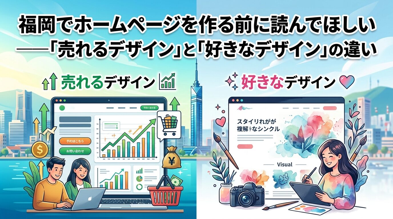 福岡でホームページを作る前に知るべき「売れるデザイン」と「好きなデザイン」の違いを左右対比で図解。左側に予約・問い合わせ導線と売上グラフを備えた集客重視のサイト、右側にスタイリッシュだが成果につながりにくいビジュアル重視のサイトを配置したアイキャッチ画像