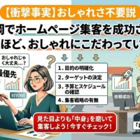 福岡でホームページ集客を成功させた女性コンサルタントと屋台店主のイラスト。おしゃれより成果・ターゲット・集客戦略を優先する4つのチェック項目を図解