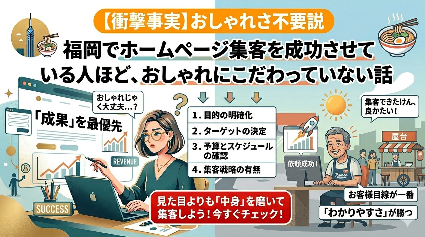 福岡でホームページ集客を成功させた女性コンサルタントと屋台店主のイラスト。おしゃれより成果・ターゲット・集客戦略を優先する4つのチェック項目を図解