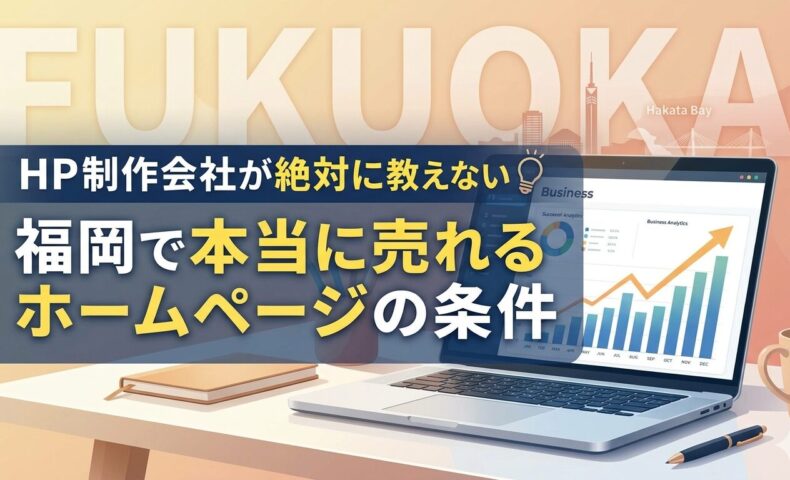 福岡の街並みを背景に、ビジネス分析グラフが表示されたノートパソコンと「HP制作会社が絶対に教えない福岡で本当に売れるホームページの条件」というテキストを配置したアイキャッチ画像