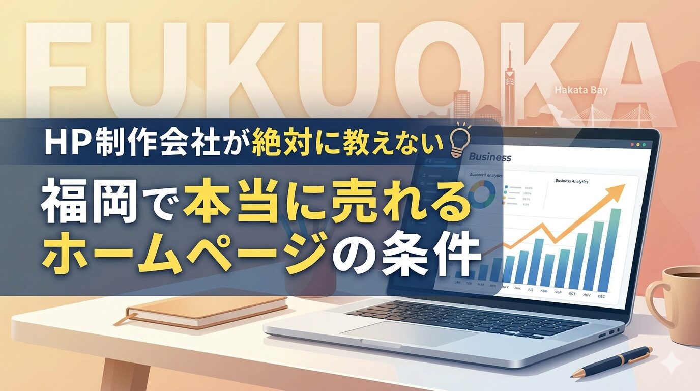 福岡の街並みを背景に、ビジネス分析グラフが表示されたノートパソコンと「HP制作会社が絶対に教えない福岡で本当に売れるホームページの条件」というテキストを配置したアイキャッチ画像