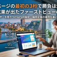 福岡の夜景を背景に、ビジネスマンとビジネスウーマンがホームページのファーストビューを分析している場面。画面には「fast loading」「clear messaging」「call-to-action」の3要素が図解されており、最初の3秒で成果が決まるファーストビュー改善の共通点を解説したアイキャッチ画像