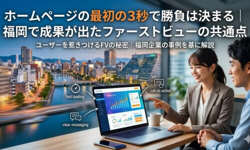 福岡の夜景を背景に、ビジネスマンとビジネスウーマンがホームページのファーストビューを分析している場面。画面には「fast loading」「clear messaging」「call-to-action」の3要素が図解されており、最初の3秒で成果が決まるファーストビュー改善の共通点を解説したアイキャッチ画像