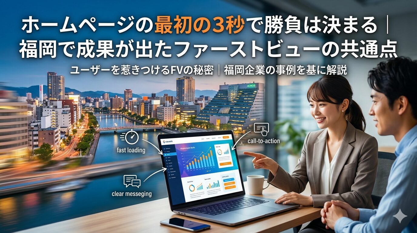 福岡の夜景を背景に、ビジネスマンとビジネスウーマンがホームページのファーストビューを分析している場面。画面には「fast loading」「clear messaging」「call-to-action」の3要素が図解されており、最初の3秒で成果が決まるファーストビュー改善の共通点を解説したアイキャッチ画像