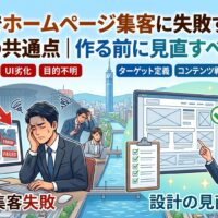 福岡でホームページ集客に失敗する会社の共通点と設計の見直しポイントを図解したアイキャッチ画像。左側に「NO LEADS」「FAILED」と表示された画面を前に頭を抱えるビジネスマンと「集客失敗」の文字、右側にチェックリストとワイヤーフレームを指し示す女性コンサルタントと「設計の見直し」の文字を配置し、SEO不足・UI劣化・目的不明からターゲット定義・コンテンツ戦略・CTA最適化への改善を対比で表現。背景には福岡・博多の街並み。