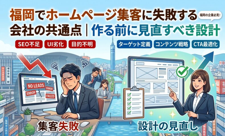 福岡でホームページ集客に失敗する会社の共通点と設計の見直しポイントを図解したアイキャッチ画像。左側に「NO LEADS」「FAILED」と表示された画面を前に頭を抱えるビジネスマンと「集客失敗」の文字、右側にチェックリストとワイヤーフレームを指し示す女性コンサルタントと「設計の見直し」の文字を配置し、SEO不足・UI劣化・目的不明からターゲット定義・コンテンツ戦略・CTA最適化への改善を対比で表現。背景には福岡・博多の街並み。