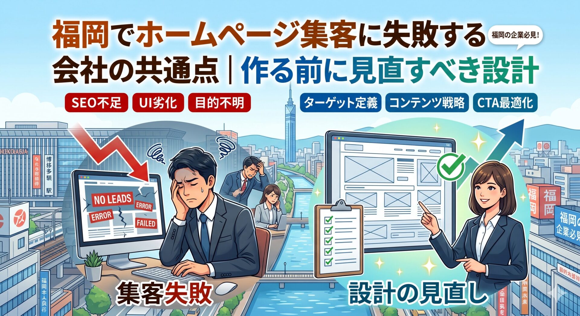 福岡でホームページ集客に失敗する会社の共通点と設計の見直しポイントを図解したアイキャッチ画像。左側に「NO LEADS」「FAILED」と表示された画面を前に頭を抱えるビジネスマンと「集客失敗」の文字、右側にチェックリストとワイヤーフレームを指し示す女性コンサルタントと「設計の見直し」の文字を配置し、SEO不足・UI劣化・目的不明からターゲット定義・コンテンツ戦略・CTA最適化への改善を対比で表現。背景には福岡・博多の街並み。