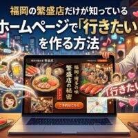 福岡・博多の夜景を背景に、飲食店オーナーがラーメン・寿司・焼き鳥などの料理が映るホームページ画面を指し示すイラスト。画面には予約ボタン・地図・店内写真が表示され、「行きたい!」の文字と笑顔の客が周囲に描かれている。