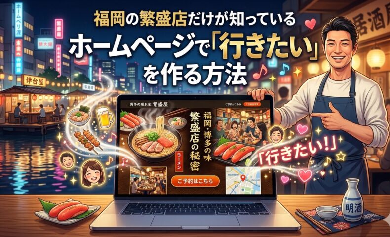 福岡・博多の夜景を背景に、飲食店オーナーがラーメン・寿司・焼き鳥などの料理が映るホームページ画面を指し示すイラスト。画面には予約ボタン・地図・店内写真が表示され、「行きたい！」の文字と笑顔の客が周囲に描かれている。