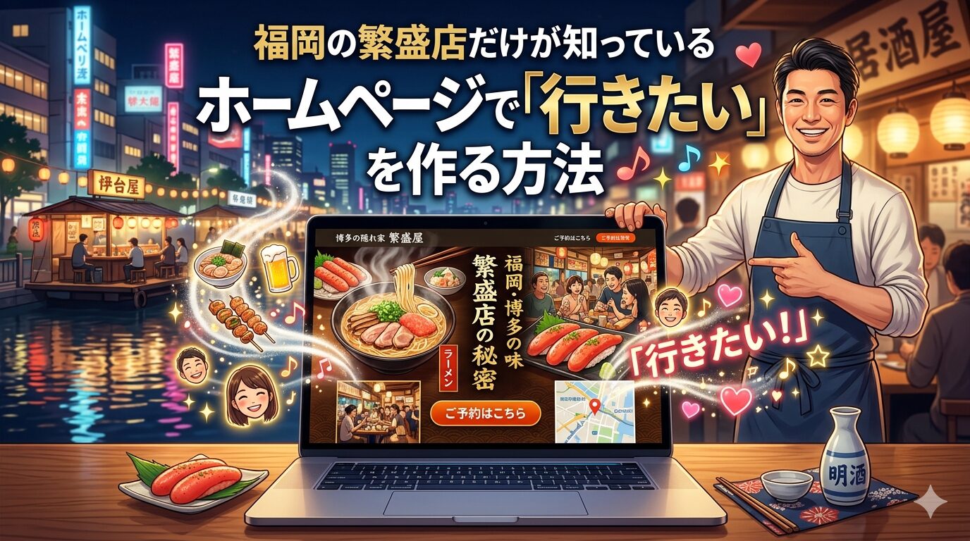 福岡・博多の夜景を背景に、飲食店オーナーがラーメン・寿司・焼き鳥などの料理が映るホームページ画面を指し示すイラスト。画面には予約ボタン・地図・店内写真が表示され、「行きたい！」の文字と笑顔の客が周囲に描かれている。
