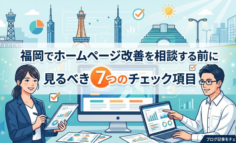 福岡でホームページ改善を相談する前に見るべき7つのチェック項目を解説するアイキャッチ画像。中央にデータグラフを表示したPCモニターを配置し、左側にタブレットでチェックリストを確認する女性コンサルタント、右側にノートPCでデータ分析をする男性ビジネスマンを配置。背景には福岡タワー・福岡市内のビル群・円グラフ・チェックマークなどのアイコンを散りばめたライトブルー系のイラスト。