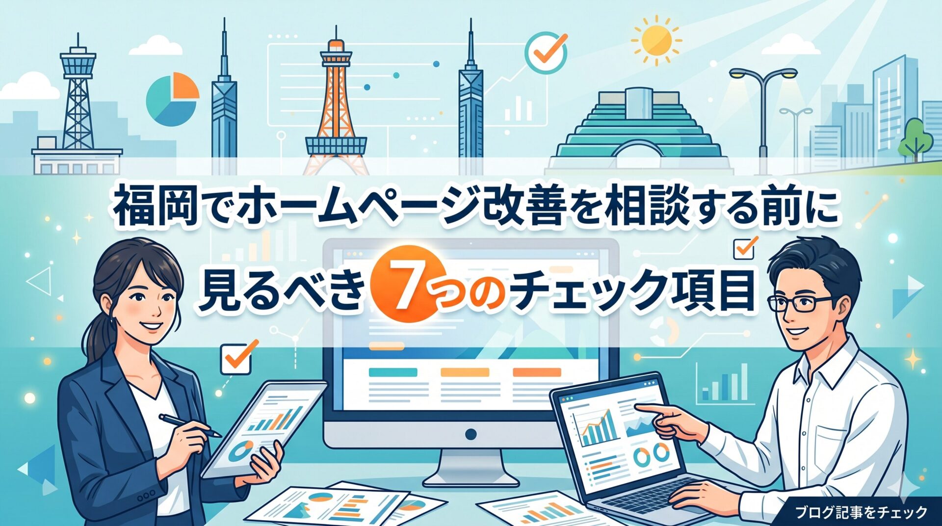 福岡でホームページ改善を相談する前に見るべき7つのチェック項目を解説するアイキャッチ画像。中央にデータグラフを表示したPCモニターを配置し、左側にタブレットでチェックリストを確認する女性コンサルタント、右側にノートPCでデータ分析をする男性ビジネスマンを配置。背景には福岡タワー・福岡市内のビル群・円グラフ・チェックマークなどのアイコンを散りばめたライトブルー系のイラスト。