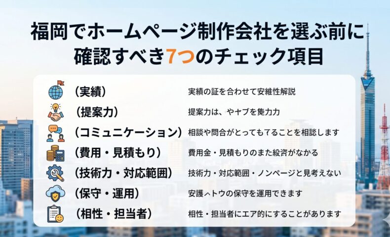 福岡タワーを背景に、ホームページ制作会社を選ぶ前に確認すべき7つのチェック項目（実績・提案力・コミュニケーション・費用・技術力・保守運用・相性）をアイコンとともに一覧で示したインフォグラフィック