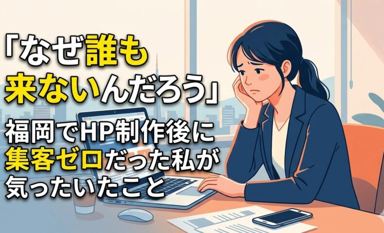 福岡でホームページ制作後に集客ゼロで悩む女性事業主がパソコンの前で頭を抱えている様子