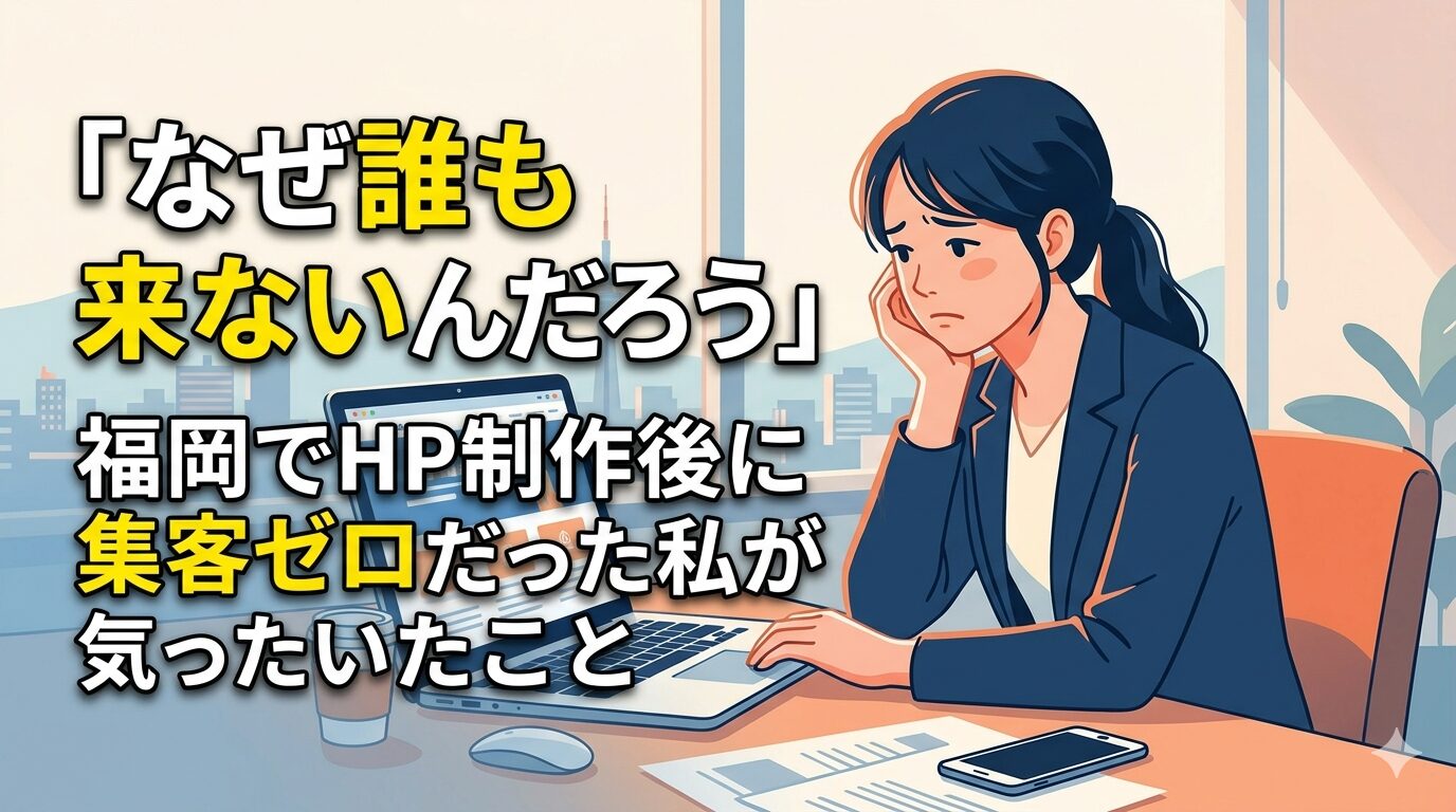 福岡でホームページ制作後に集客ゼロで悩む女性事業主がパソコンの前で頭を抱えている様子