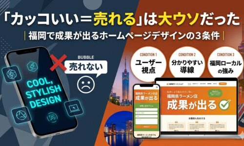 福岡でカッコいいだけのホームページが売れない理由と、成果が出るデザインの3条件（ユーザー視点・分かりやすい導線・福岡ローカルの強み）を左右比較で図解したアイキャッチ画像