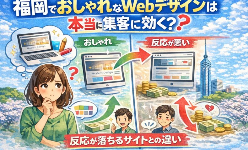 福岡でおしゃれなWebデザインが集客に効くかを、成功例と反応が悪い失敗例の左右比較で図解したアイキャッチ画像