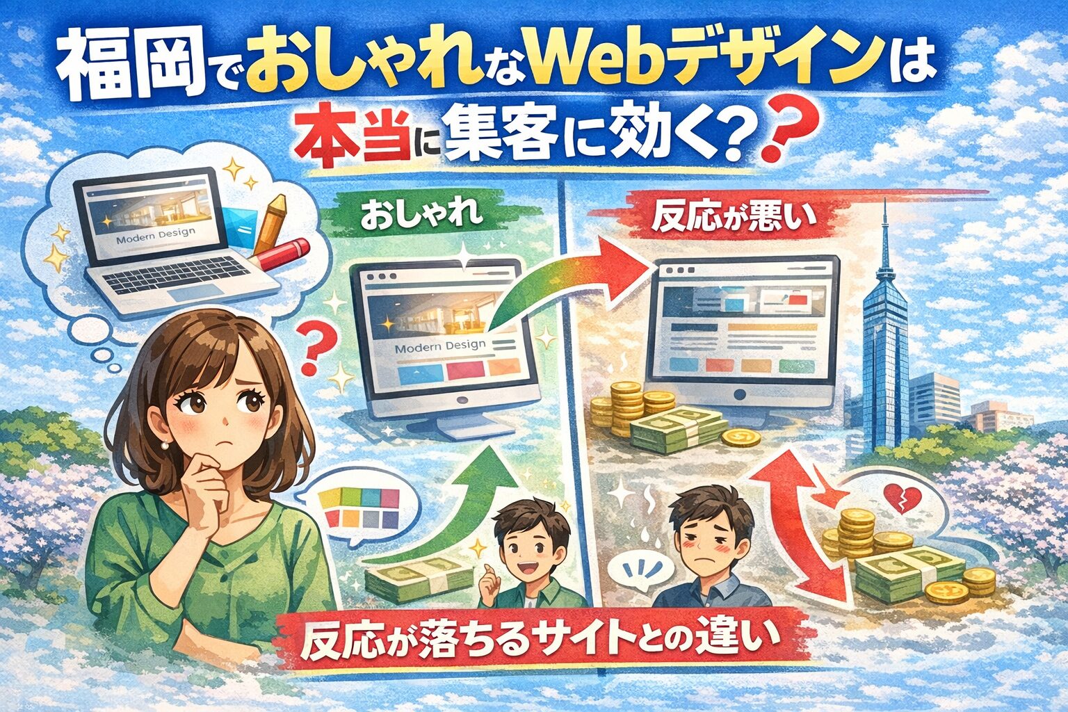 福岡でおしゃれなWebデザインが集客に効くかを、成功例と反応が悪い失敗例の左右比較で図解したアイキャッチ画像