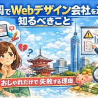 福岡でWebデザイン会社を選ぶ際の失敗理由と判断基準を、悩む女性・警告グラフ・チェックリスト・福岡タワーで図解したアイキャッチ画像