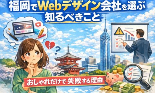 福岡でWebデザイン会社を選ぶ際の失敗理由と判断基準を、悩む女性・警告グラフ・チェックリスト・福岡タワーで図解したアイキャッチ画像