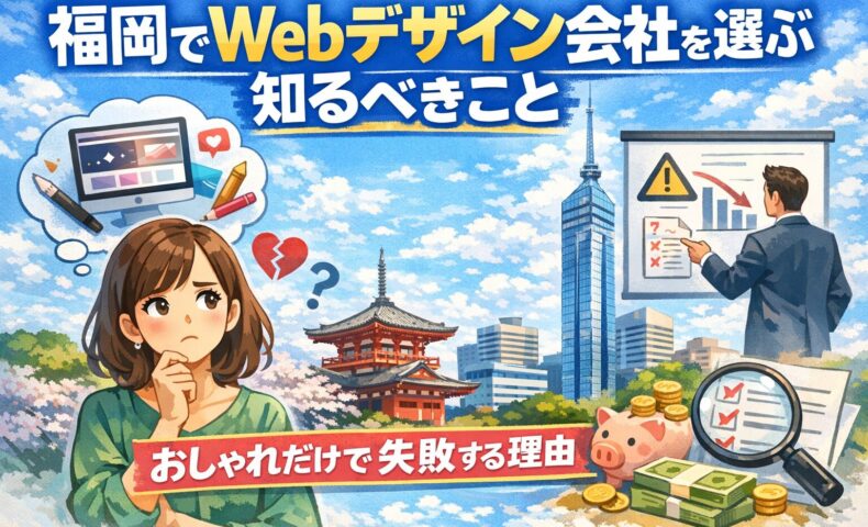 福岡でWebデザイン会社を選ぶ際の失敗理由と判断基準を、悩む女性・警告グラフ・チェックリスト・福岡タワーで図解したアイキャッチ画像