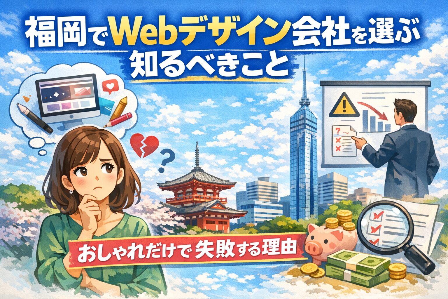 福岡でWebデザイン会社を選ぶ際の失敗理由と判断基準を、悩む女性・警告グラフ・チェックリスト・福岡タワーで図解したアイキャッチ画像
