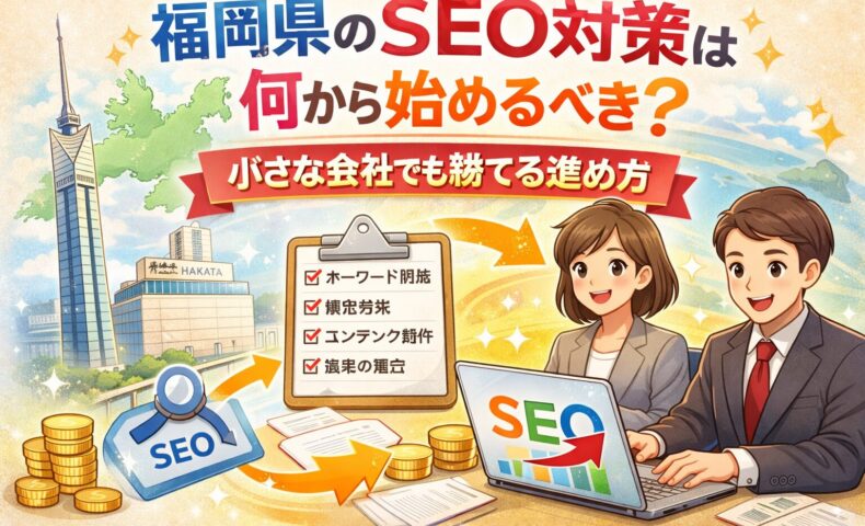 福岡県のSEO対策を何から始めるべきか、キーワード選定・構造整備・コンテンツ制作・成果の確認という4ステップを図解したアイキャッチ画像