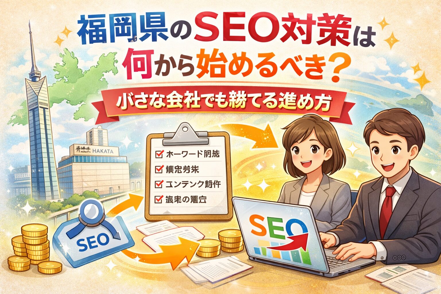 福岡県のSEO対策を何から始めるべきか、キーワード選定・構造整備・コンテンツ制作・成果の確認という4ステップを図解したアイキャッチ画像