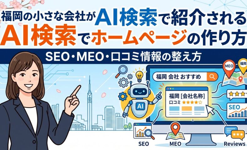 福岡の小さな会社がAI検索で紹介されるホームページの作り方を、SEO・MEO・口コミ情報の整え方とともに図解したアイキャッチ画像