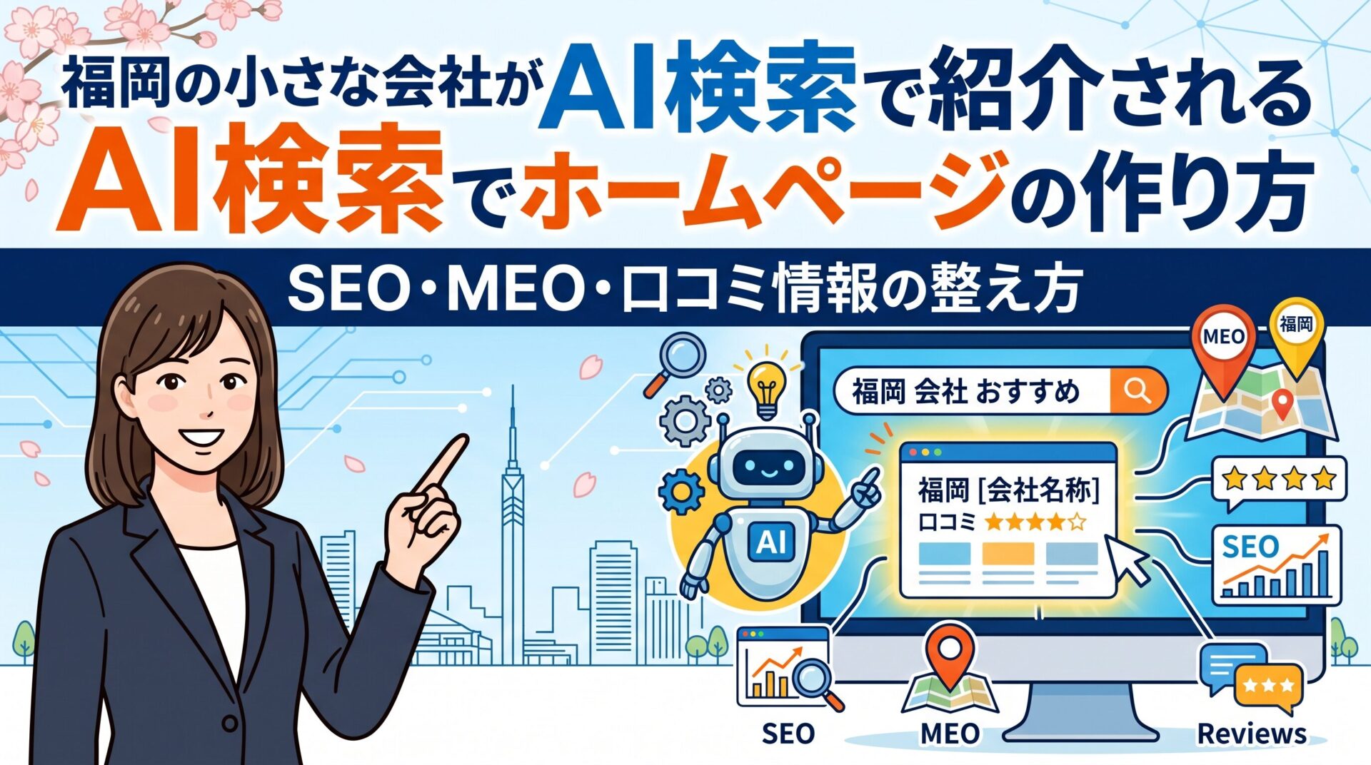 福岡の小さな会社がAI検索で紹介されるホームページの作り方を、SEO・MEO・口コミ情報の整え方とともに図解したアイキャッチ画像