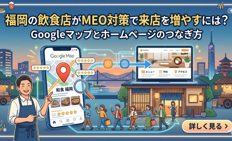 福岡の飲食店スタッフがGoogleマップ上位表示された検索結果をスマートフォンで確認し、矢印でホームページへ誘導する流れを図解したMEO対策のアイキャッチ画像