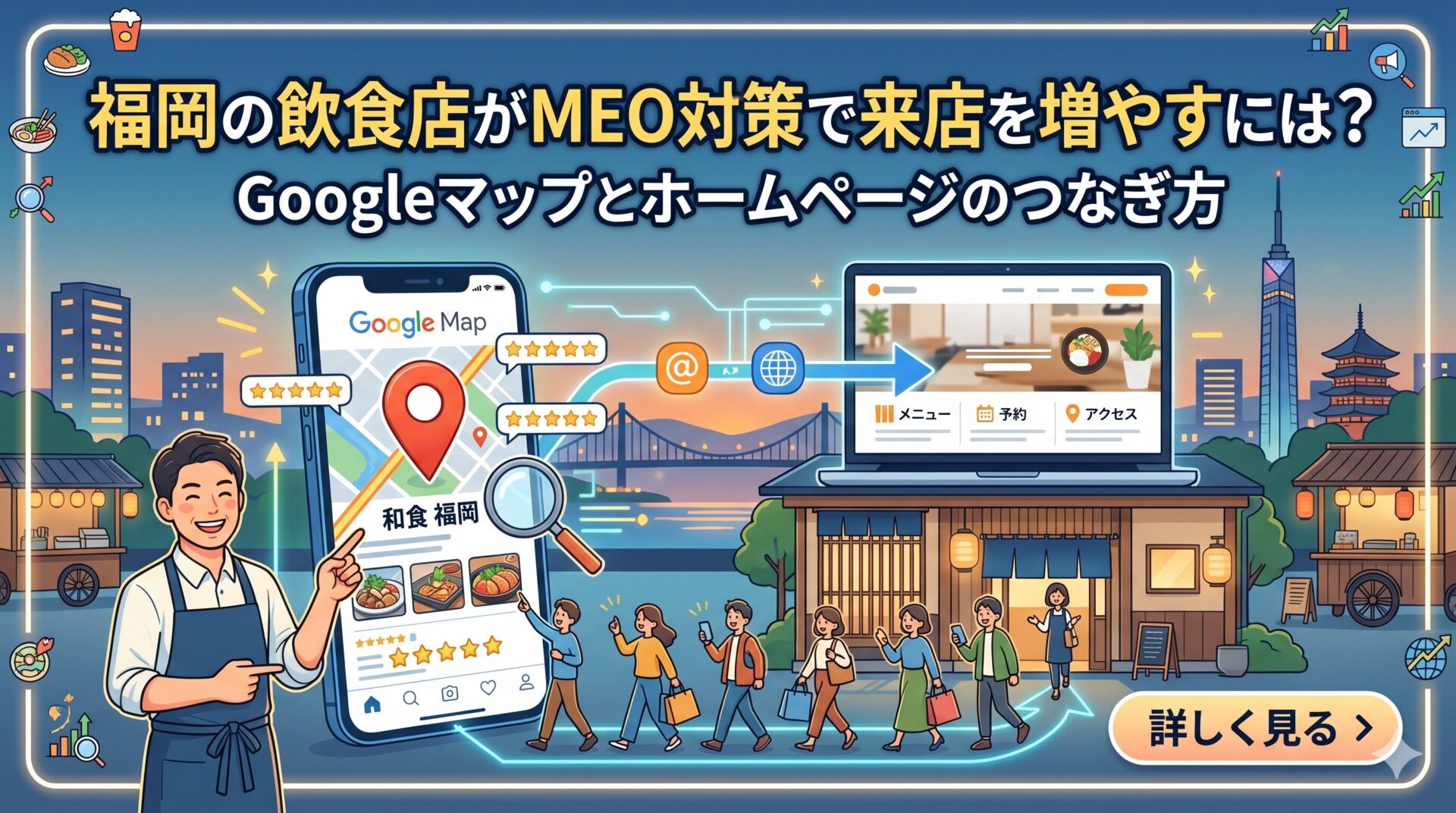 福岡の飲食店スタッフがGoogleマップ上位表示された検索結果をスマートフォンで確認し、矢印でホームページへ誘導する流れを図解したMEO対策のアイキャッチ画像
