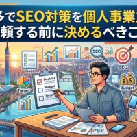 博多の街並みを背景に、個人事業主がSEO対策の依頼前にチェックリスト・目標・予算を確認しているイラスト画像