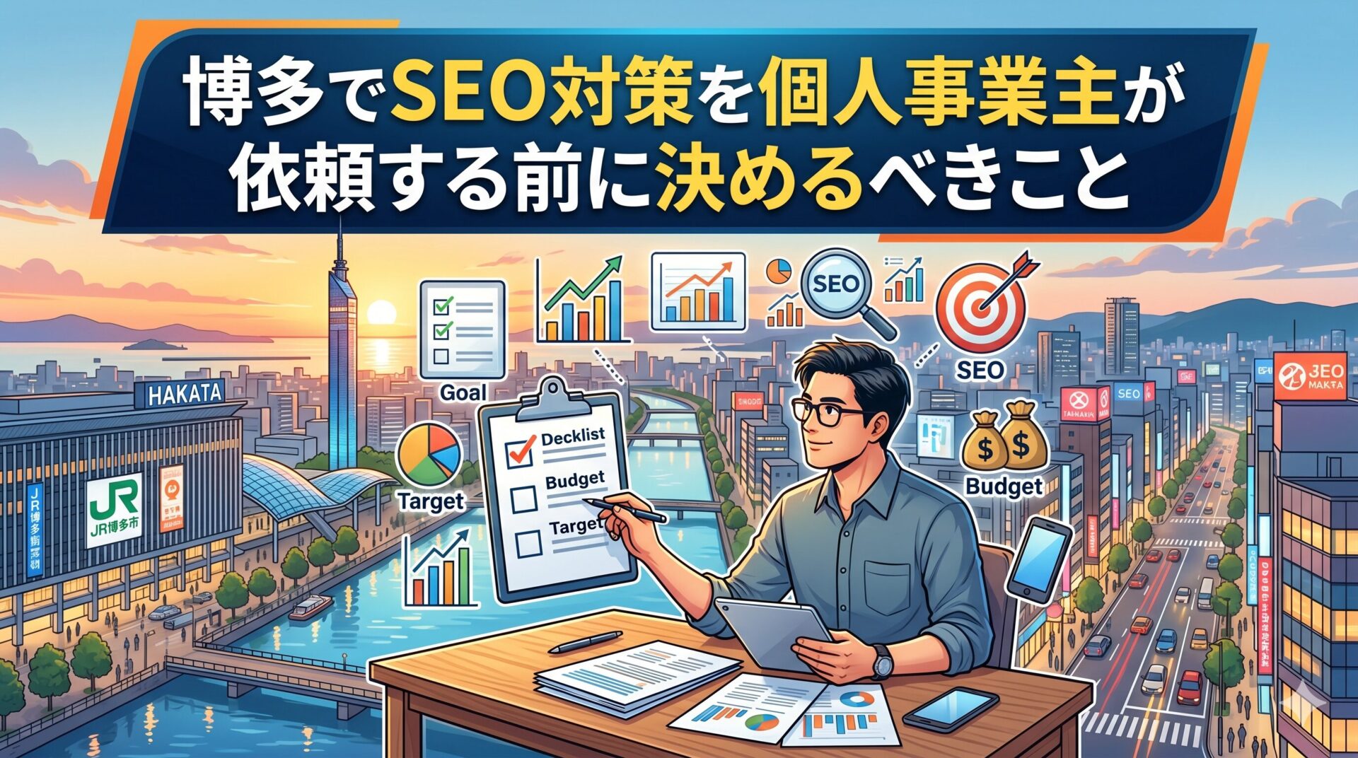 博多の街並みを背景に、個人事業主がSEO対策の依頼前にチェックリスト・目標・予算を確認しているイラスト画像