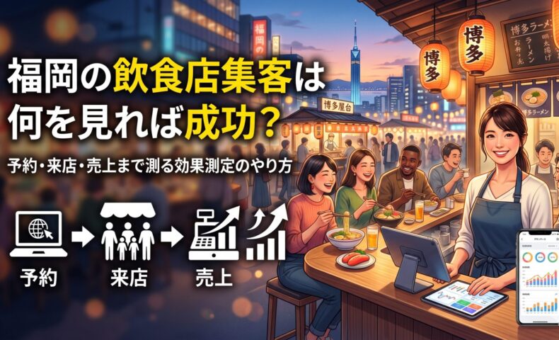 福岡・博多の屋台街を背景に、飲食店スタッフがタブレットとスマートフォンで予約・来店・売上の集客効果測定データを確認しているイラスト画像