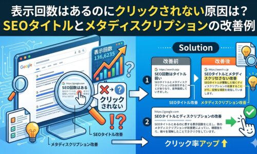 表示回数はあるのにクリックされない原因とSEOタイトルとメタディスクリプションの改善例を示す図解