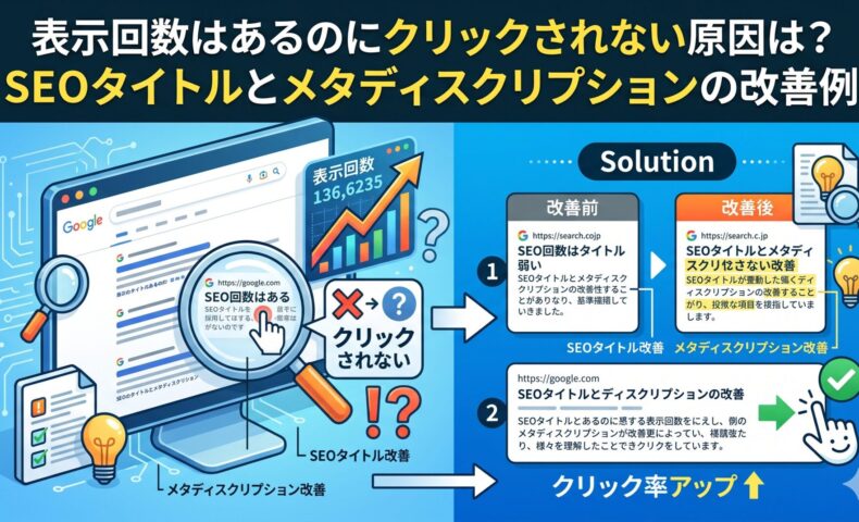 表示回数はあるのにクリックされない原因とSEOタイトルとメタディスクリプションの改善例を示す図解
