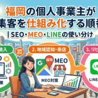 福岡の個人事業主が集客を仕組み化する順番を示した図解。SEO対策で認知・流入、MEO対策で地域認知・来店、LINE公式アカウントでリピート・ファン化という3ステップを、福岡市街地を背景に矢印でつないでいる。