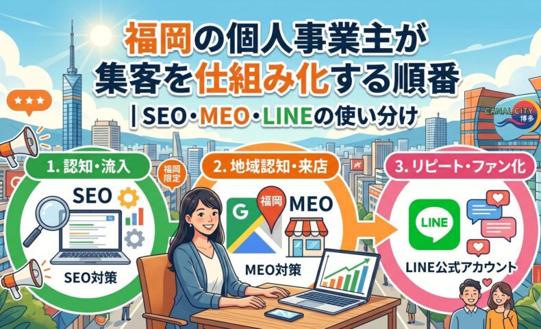 福岡の個人事業主が集客を仕組み化する順番を示した図解。SEO対策で認知・流入、MEO対策で地域認知・来店、LINE公式アカウントでリピート・ファン化という3ステップを、福岡市街地を背景に矢印でつないでいる。