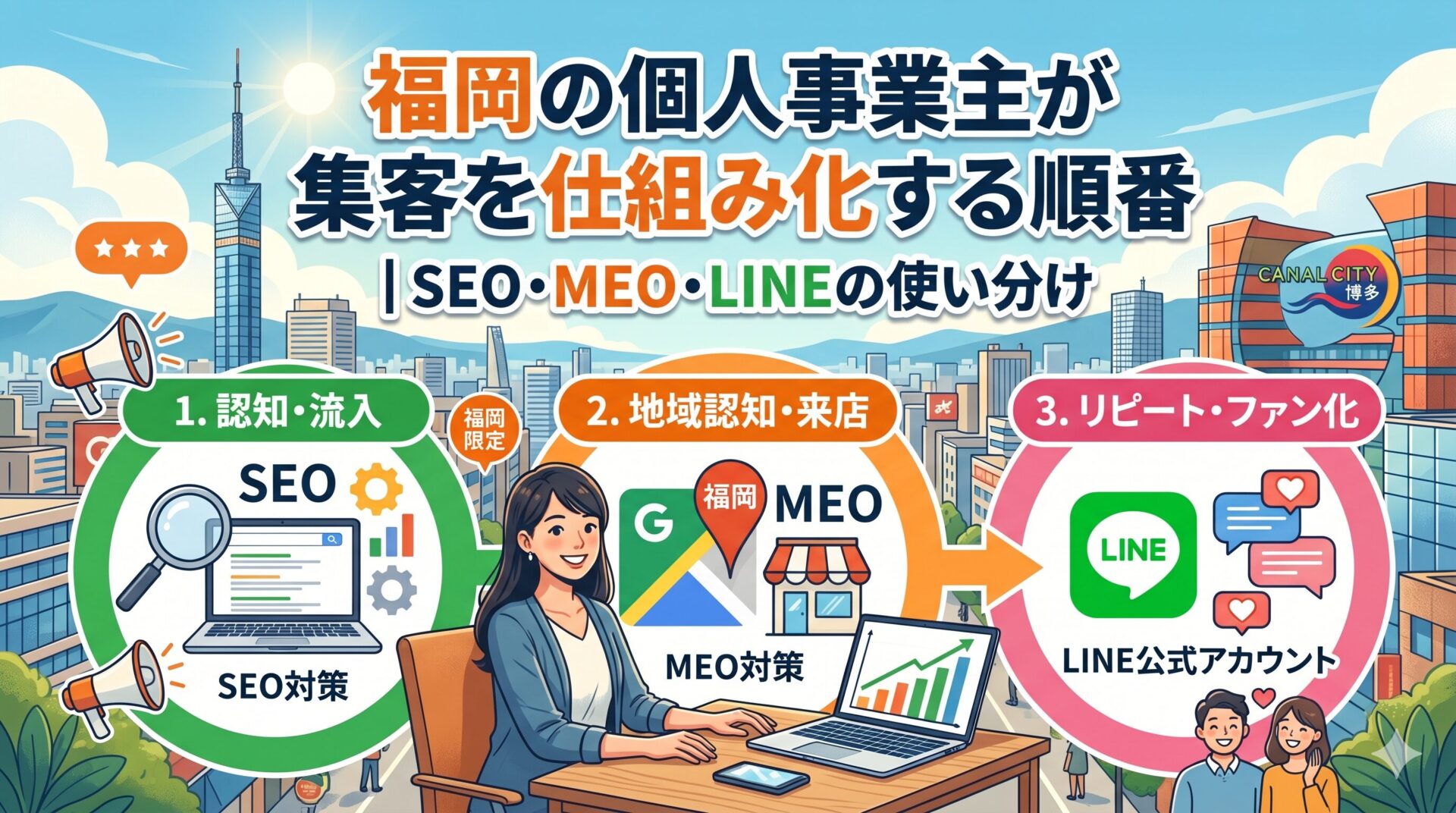 福岡の個人事業主が集客を仕組み化する順番を示した図解。SEO対策で認知・流入、MEO対策で地域認知・来店、LINE公式アカウントでリピート・ファン化という3ステップを、福岡市街地を背景に矢印でつないでいる。