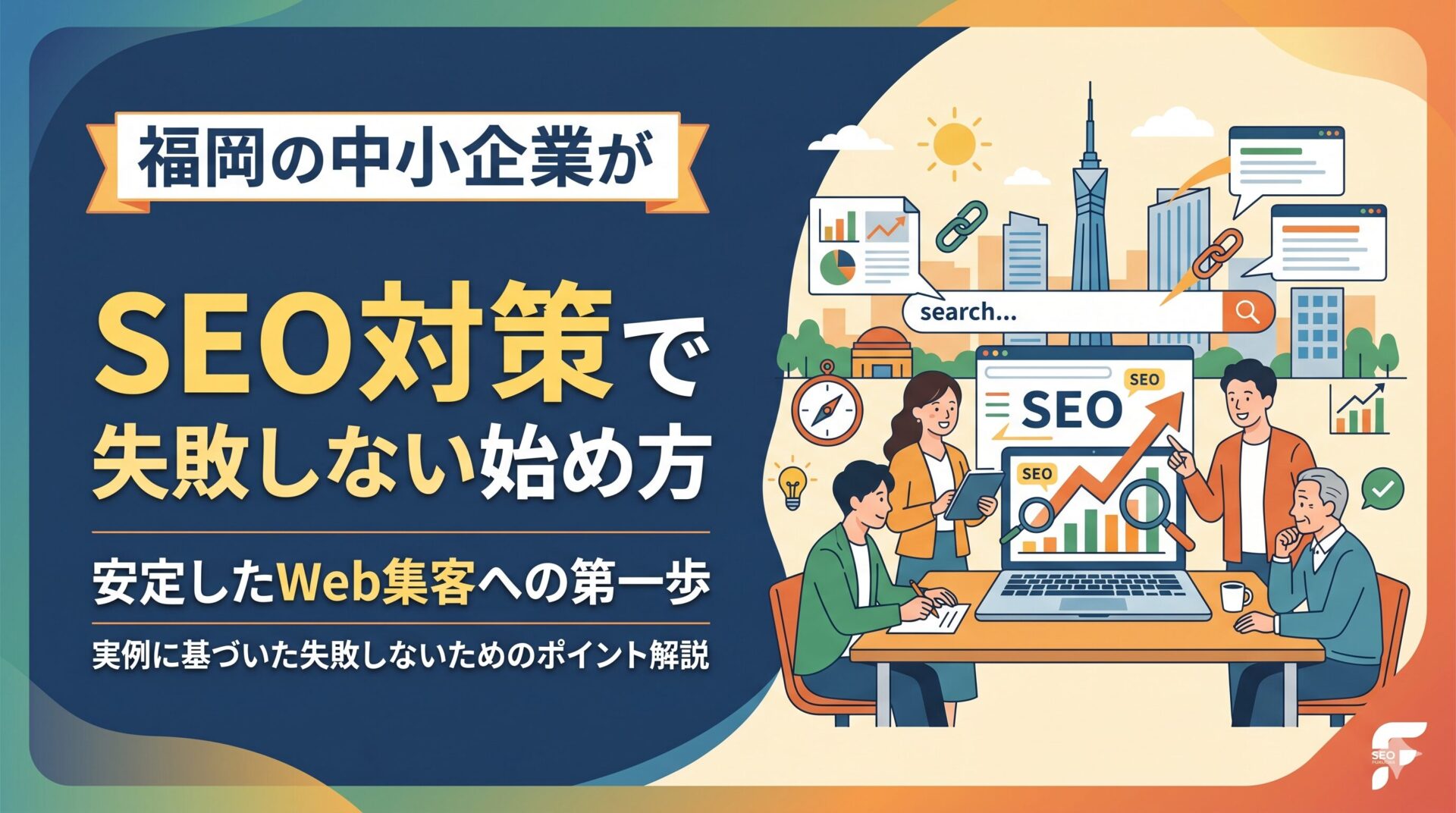 福岡タワーを背景に、ビジネスパーソンたちがSEOグラフや検索画面を前に打ち合わせをしているイラスト。「福岡の中小企業がSEO対策で失敗しない始め方|安定したWeb集客への第一歩」のアイキャッチ画像。