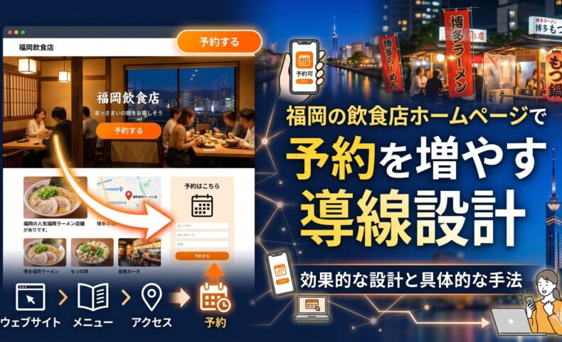 福岡の飲食店ホームページで予約を増やす導線設計を解説するアイキャッチ画像。福岡タワーと屋台の夜景を背景に、ウェブサイト・メニュー・アクセス・予約へと続く導線の流れをスマートフォンとPCで図解。