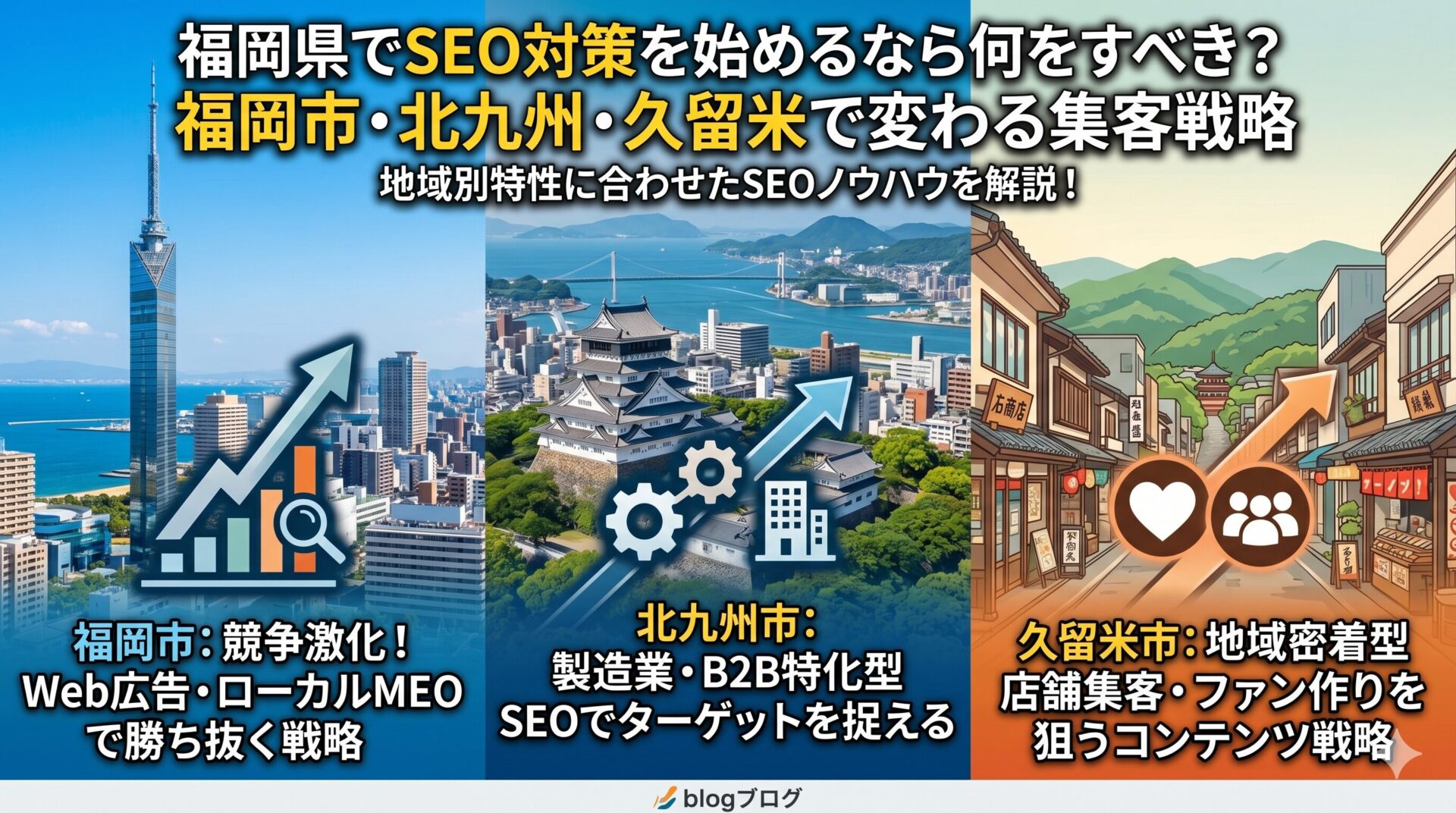 福岡県でSEO対策を始めるなら何をすべき？福岡市・北九州・久留米で変わる集客戦略を地域別に図解したアイキャッチ画像