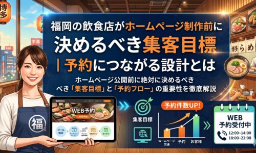 福岡の飲食店スタッフがタブレットでホームページのWEB予約導線を示しながら、集客目標設定から予約件数アップまでの流れを図解したアイキャッチ画像