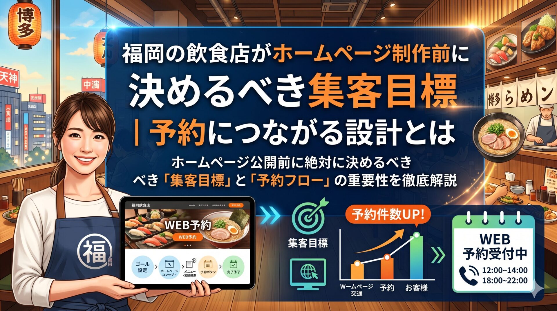 福岡の飲食店スタッフがタブレットでホームページのWEB予約導線を示しながら、集客目標設定から予約件数アップまでの流れを図解したアイキャッチ画像