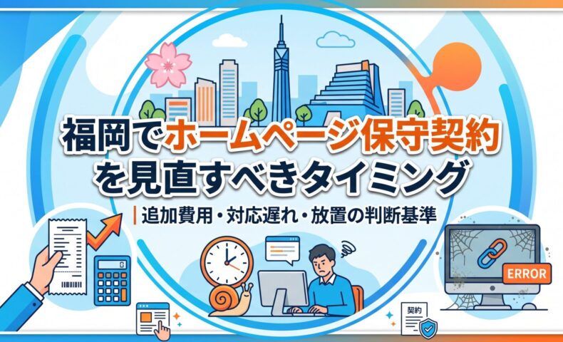 福岡でホームページ保守契約を見直すべきタイミングを示すアイキャッチ｜追加費用・対応遅れ・放置の判断基準を解説